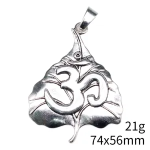 Detailed view of the antique silver oversized bodhi leaf OM yoga symbol pendant charm.