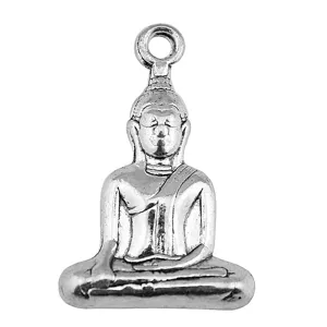 Close-up detail of the metal meditating Buddha charm pendant, showing intricate design.
