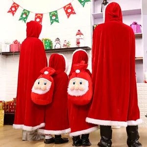Rode fluwelen kerst mantel set met capuchon voor familie vakantie feest en feestelijke kleding.
