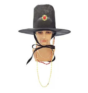 Cappello tradizionale coreano Gat in rete nera, copricapo storico con perle e gemma rossa.
