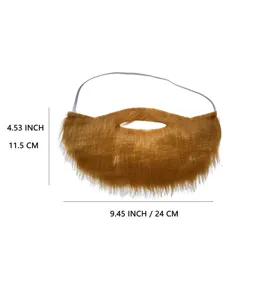 Primo piano dettagliato della barba sintetica marrone da festa con texture e dimensioni.