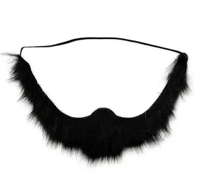 Close-up detail of black fake beard prop, soft plush texture with elastic strap for party.