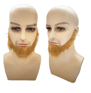 Detailed close-up of the blonde fake beard showing fine hair texture and elastic strap.