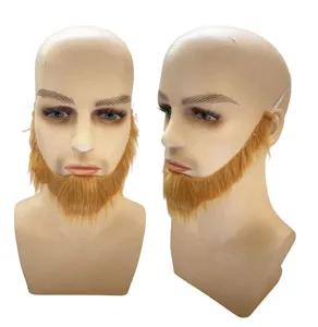 Detailed view of brown fake beard party prop, showing texture and fit on mannequin head.