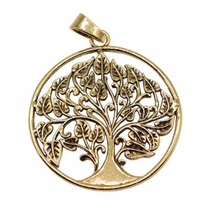 Vue détaillée du pendentif arbre de vie en bronze vintage, texture métallique rapprochée.