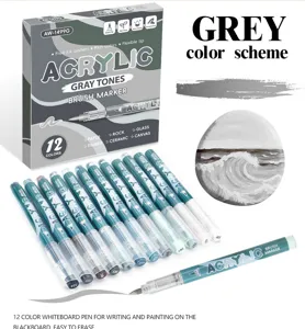 12-color acrylic brush marker set, grey tones DIY art pens for painting on rock, glass, canvas.