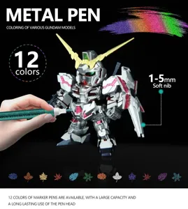 Close-up of metallic marker pen with soft nib showcasing model painting display scene.