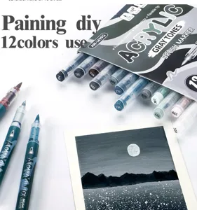 12 colors acrylic brush marker set details, grey tones liquid paint pens for art drawing.