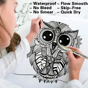 Close-up detail of black fineliner drawing delicate owl line art, waterproof quick dry ink.