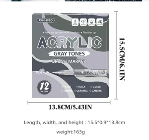 Acrylic marker set 12 colors grey tone brush tip detail view showing box size 15.5x13.8cm.
