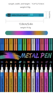 Metallic acrylic marker detail showing vibrant colors, 13.8cm length, and waterproof ink.