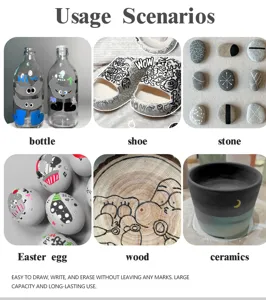 Usage scenarios of acrylic paint pens showing DIY art on bottles, shoes, stones and ceramics.