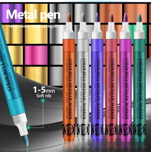 Detail view of colorful metallic marker pens with soft nib for DIY art and crafts.