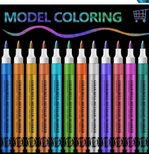 Metallic marker pens set, 12 vibrant colors for rock painting, crafting, and DIY art projects.