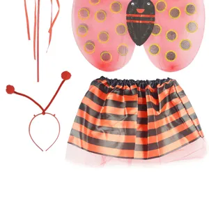Detailed view of the ladybug costume wings, headband, and tutu skirt set for party events.