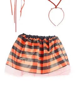 Halloween costume set featuring an orange and black striped skirt, headband, and wand.