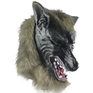Realistic horror wolf mask for Halloween party cosplay, creepy furry beast full headwear.