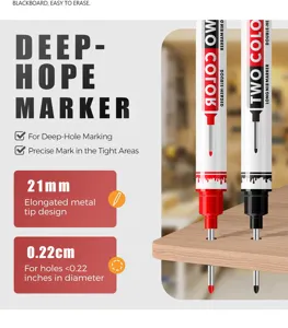 Deep hole marker pen with 21mm elongated metal tip for precise marking in tight woodworking areas.