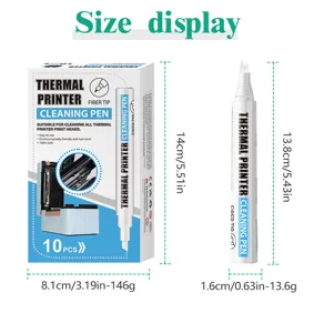 Thermodrucker Reinigungsstift Detailansicht mit genauen Abmessungen und Verpackungsspezifikationen.