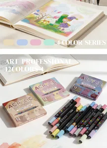 Set di pennarelli acrilici a doppia punta per disegno d'arte, 12 colori vivaci per bambini.
