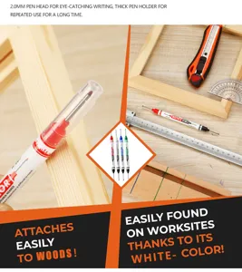 Deep hole woodworking marker pen detail view showing 2.0mm tip and long barrel for construction.