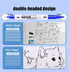 Doppelter Whiteboard-Marker Detailansicht mit 0.5mm dünner und 1.0mm dicker Schreibspitze.