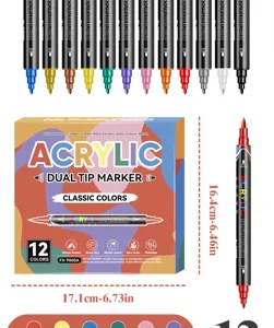 Set di pennarelli acrilici a doppia punta 12 colori vista dettagliata con dimensioni penna