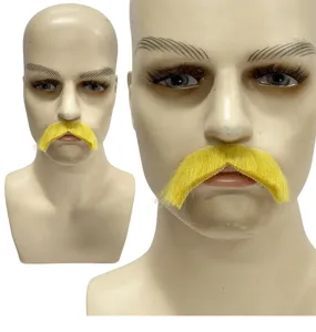 Close-up detail of a bright yellow self-adhesive fake mustache costume accessory.