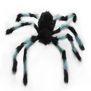 Halloween giant furry spider prop detail view, black and blue plush decorative item.