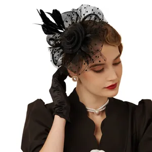 Vintage black mesh feather fascinator hat elegant hair accessory for women party wedding
