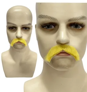 Close-up detail view of bright yellow fake mustache, showing fine fiber texture and design.