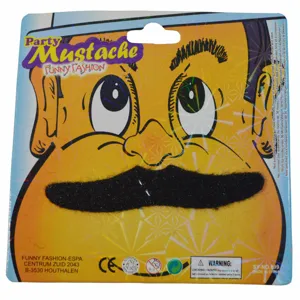 Gros plan détaillé de l'emballage en carton de fausse moustache de fête et texture velours.