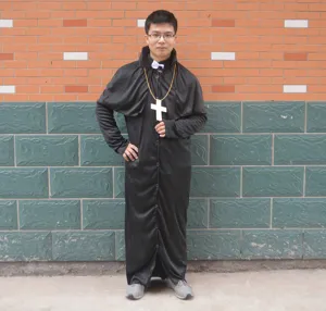 Costume de prêtre pour homme Halloween robe longue noire avec collier croix pour fête