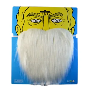 White fake beard costume accessory on a blue printed card, ideal for Halloween party.
