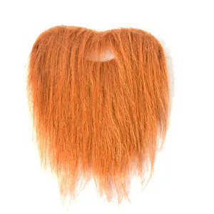 Close-up detail of synthetic orange fake beard costume accessory for Halloween party dress up.