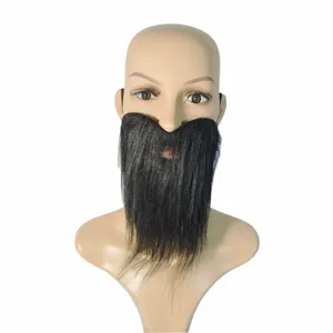 Black fake beard Halloween costume party accessory, realistic theatrical facial hair prop.