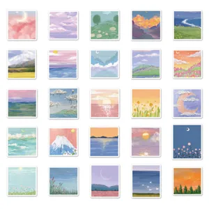 Detailed view of aesthetic landscape oil painting stickers featuring various sky and ocean designs.
