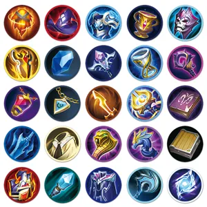 Detailed view of colorful game skill icon stickers, waterproof round decals for DIY decor.