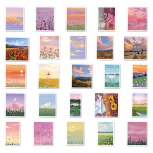 Aesthetic landscape oil painting stickers set, nature scenery art decals for DIY water bottle decor.
