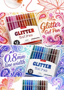 Detailed view of 12-color glitter gel pens set, 0.8mm line width, smooth writing for DIY art crafts.
