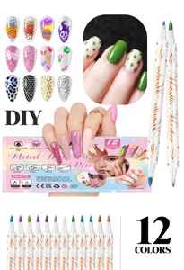 Detailed view of 12 colors DIY nail art marker pens with dual tips for creative nail design.