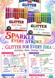 12-color glitter gel pen set for art drawing, journaling, card making, and DIY crafts.