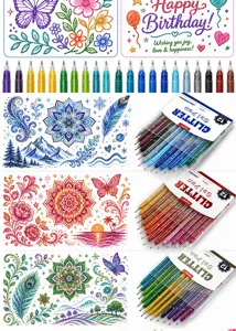 Glitter gel pens set for art drawing, DIY greeting cards and coloring. Smooth writing ink.