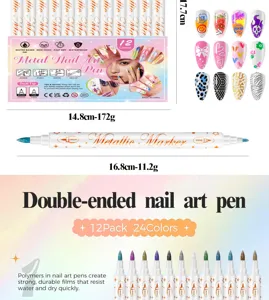 Double-ended metal nail art pen set, 12 colors waterproof quick-drying DIY drawing marker.