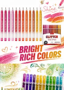 Glitter gel pens detail view showing colorful ink swatches and packaging, 12 colors set.