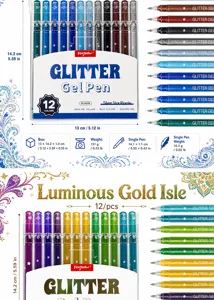 Foxfeel 12 colors glitter gel pens set with detailed box and single pen size specifications.