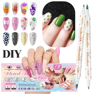 Nail art paint pens, dual tip metallic markers, 12 colors waterproof DIY nail design tools.