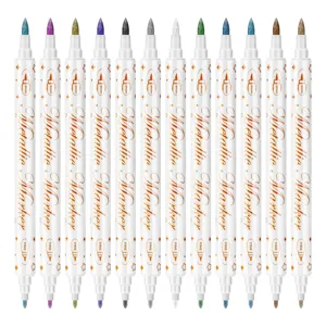 12 Colors Metallic Marker Dual Tip Brush Fine Metallic Paint Pens DIY Art Craft Drawing Set