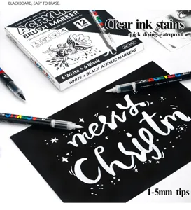 Acrylic brush markers black and white dual color 12pcs art craft waterproof detail view