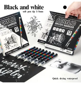 Acrylic brush markers black and white set 12 pcs soft tip 1-5mm for art DIY graffiti drawing